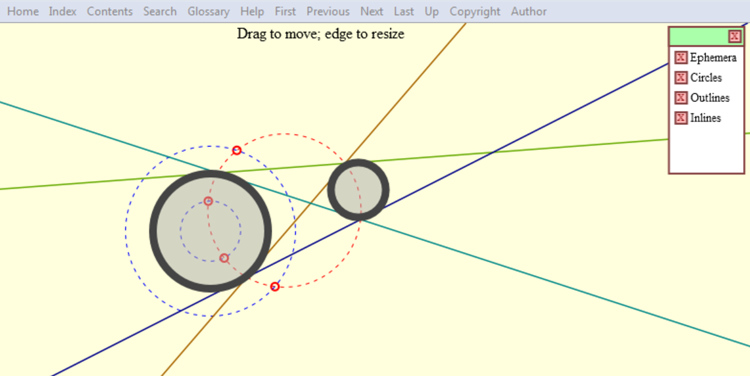 Showing ephemal points in the construction of lines tangent to two circles