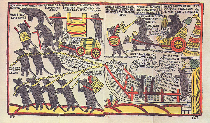 "The Mice are burying the Cat", a 1760s Russian lubok hand-coloured woodcut.