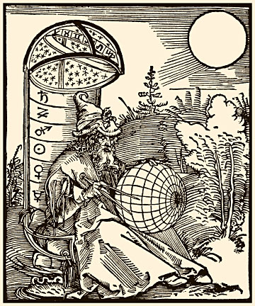 An engraving of an astronomer by Albrecht Drer, from the title page of Messahalah, De scientia motus orbis (1504).